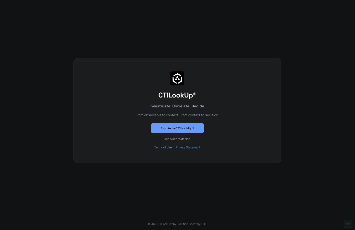 CTILookUp secure sign-in screen