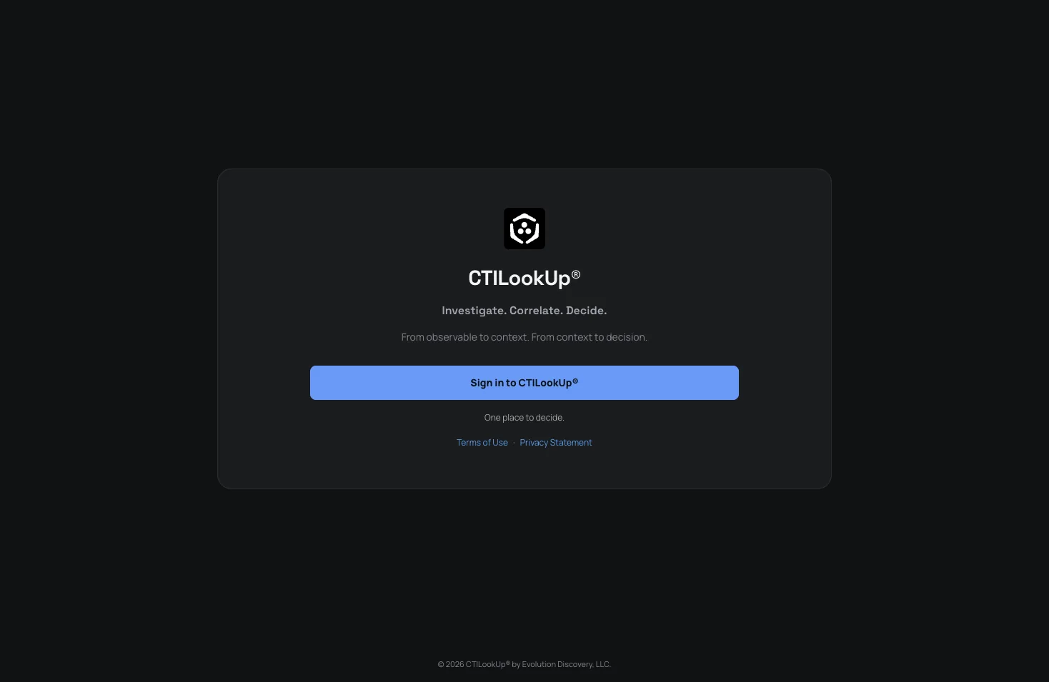 CTILookUp secure sign-in screen